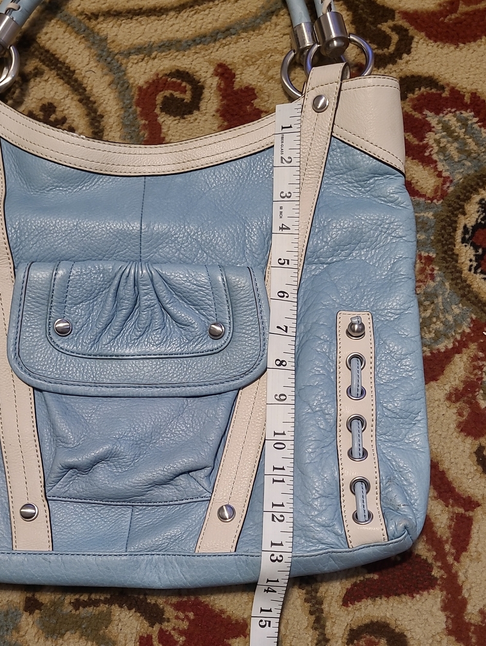 B. Makowsky Large Leather Hobo Satchel Sky Blue Cream Braided Rope Handles - Picture 12 of 16